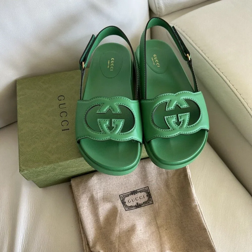 NEW GUCCI WOMENS SANDALS SLINGBACK LOGO GG GREEN SZ 39 - Picture 2 of 7
